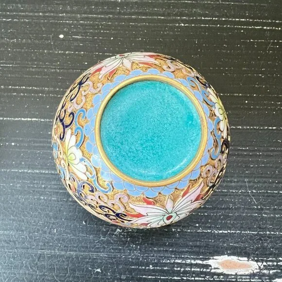 Vintage Chinese Cloisonné Enamel Floral Scroll Lotus Ginger Jar With Lid Etched - Picture 6 of 7